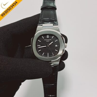 Patek Phillippe Nautilus Black Dial Black Leather Strap Swiss Automatic Watch