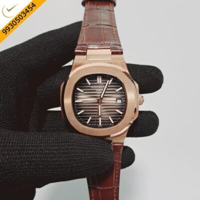 Patek Phillippe Nautilus Rose Gold Brown Dial Brown Leather Strap Swiss Automatic Watch
