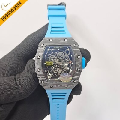 Richaed Mille 35-02 RAFAEL NADAL Black Carbon Sky Blue Rubber Strap Swiss ETA Automatic Watch