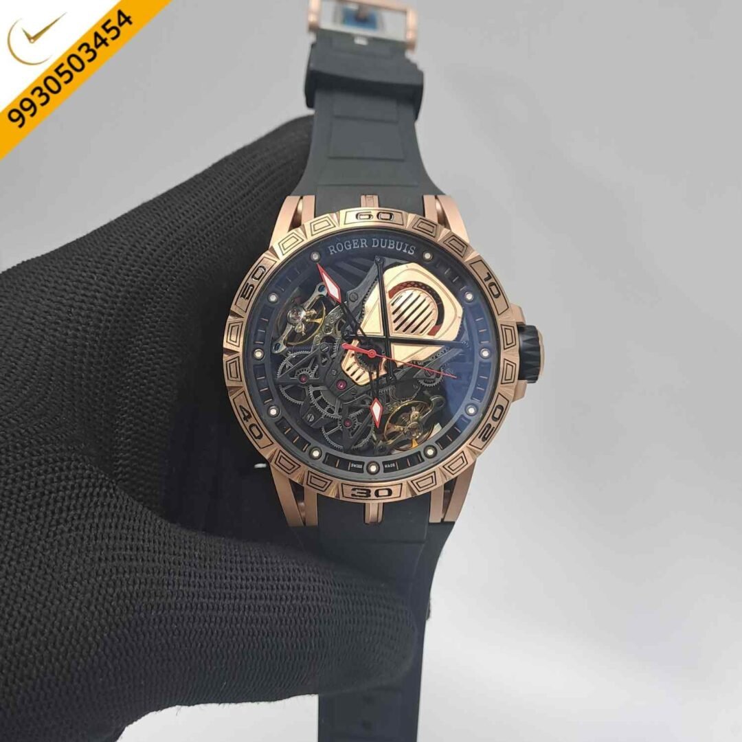 Roger Dubuis Excalibur Aventador Rose Gold Black Dial Black Rubber Swiss Automatic Watch
