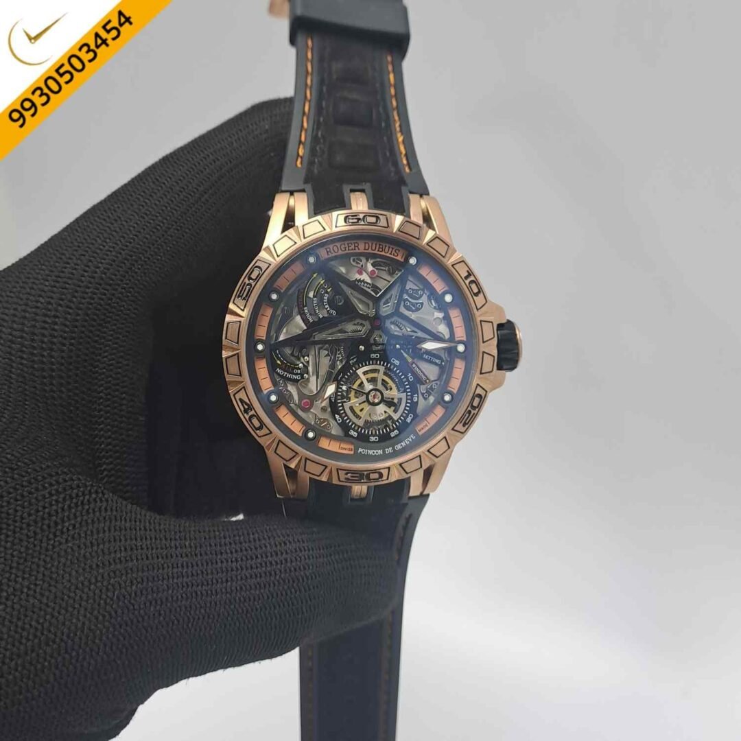 Roger Dubuis Excalibur Flying Tourbillion Rose Gold Black Dial Rubber Strap Swiss Automatic Watch