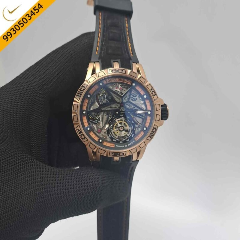 Roger Dubuis Excalibur Flying Tourbillion Rose Gold Black Dial Rubber Strap Swiss Automatic Watch