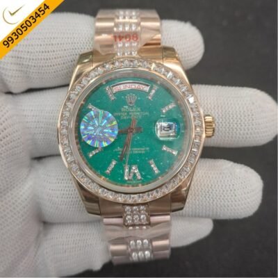Rolex Day-Date Rose Gold Diamond Bazel Green Dial Swiss Watch