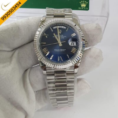 Rolex Day-Date Silver Blue Roman Marking Swiss ETA Calibre 3255 Automatic Movement Watch