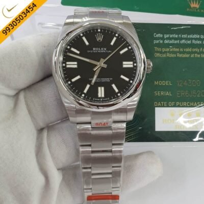 Rolex Oyster Perpetual Silver Black Dial Swiss ETA 3230 Automatic Movement Watch