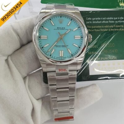 Rolex Oyster Perpetual Silver Blue Dial Swiss ETA 3230 Automatic Movement Watch