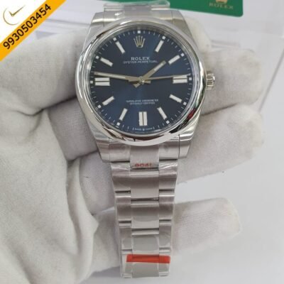 Rolex Oyster Perpetual Silver Blue Dial Swiss ETA 3230 Automatic Movement Watch