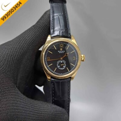 Rolex Perpetual 1908 Gold Black Dial Black Leather Strap Swiss Automatic Watch