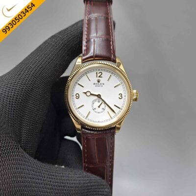 Rolex Perpetual 1908 Gold White Dial Brown Leather Strap Swiss Automatic Watch