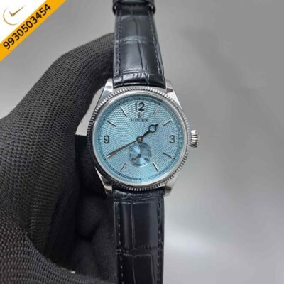 Rolex Perpetual 1908 Silver Blue Dial Black Leather Strap Swiss Automatic Watch