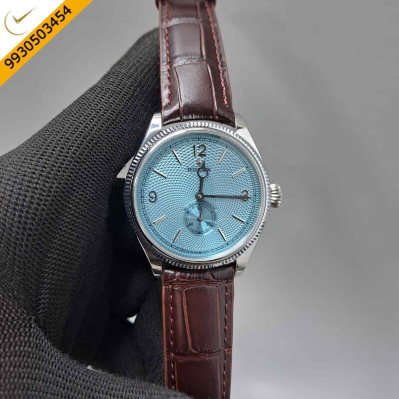 Rolex Perpetual 1908 Silver Blue Dial Brown Leather Strap Swiss Automatic Watch