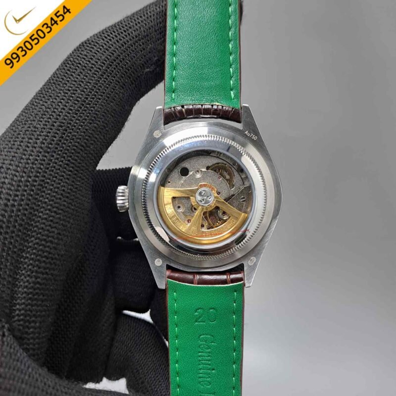 Rolex Perpetual 1908 Silver Blue Dial Brown Leather Strap Swiss Automatic Watch - Image 4