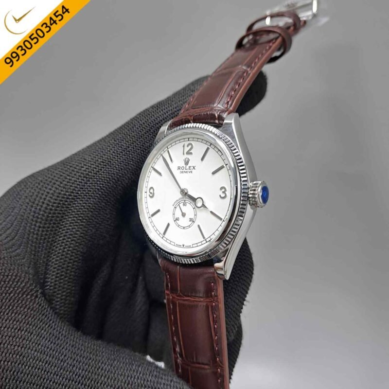 Rolex Perpetual 1908 Silver White Dial Brown Leather Strap Swiss Automatic Watch - Image 2