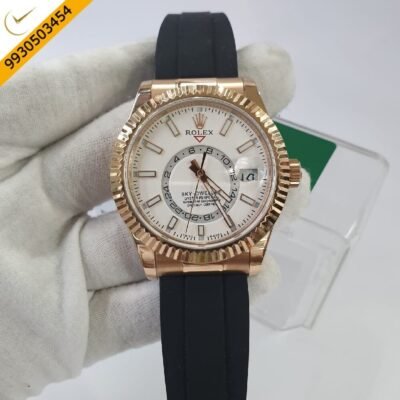 Rolex Sky-Dweller Rose Gold White Dial Black Rubber Swiss ETA Calibre 9001 Automatic Movement Watch
