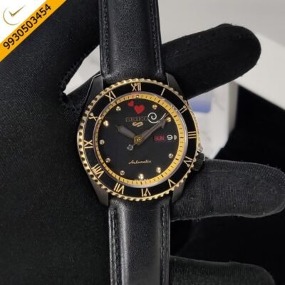 Seiko Sports Black Dial Stainless Steel Case Black Leather Strap Automatic Watch