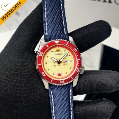 Seiko Sports Gold Dial Stainless Steel Case Blue Nylon Leather Strap Automatic Watch