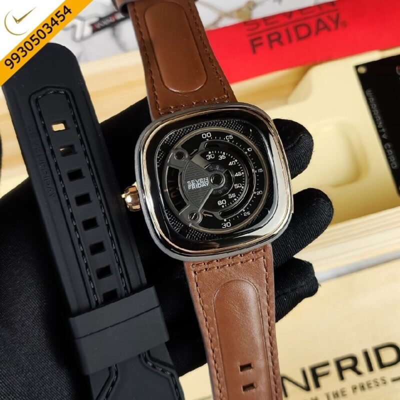 Seven Friday Fashion Grey Dial Stainless Steel case Brown Leather Strap Automatic Watch