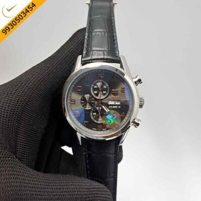 Tag Heuer Aquaracer Day-Date Chronometer Grey Dial Black Leather Strap Swiss Watch