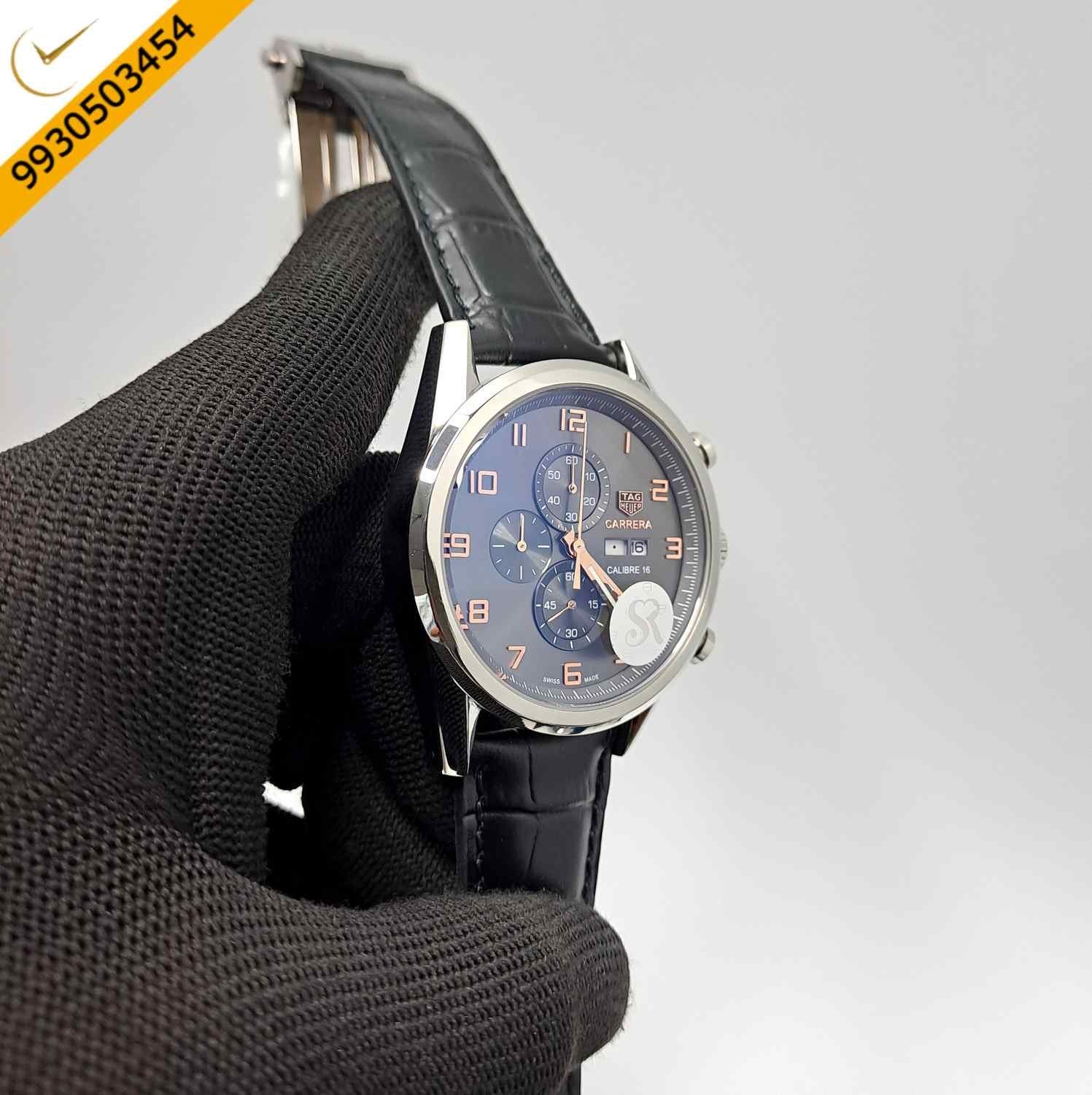 Tag Heuer Aquaracer Day-Date Chronometer Grey Dial Black Leather Strap Swiss Watch - Image 2