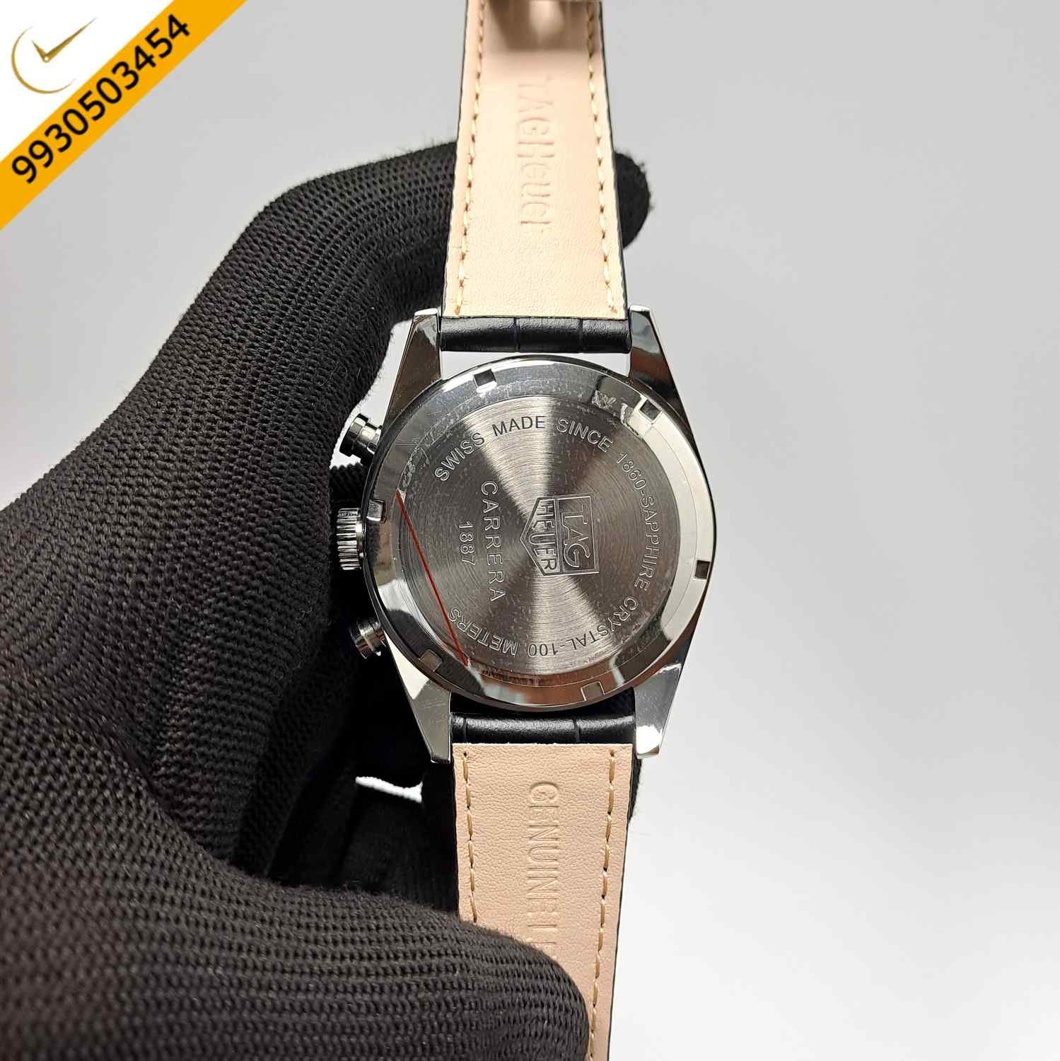 Tag Heuer Aquaracer Day-Date Chronometer Grey Dial Black Leather Strap Swiss Watch - Image 4