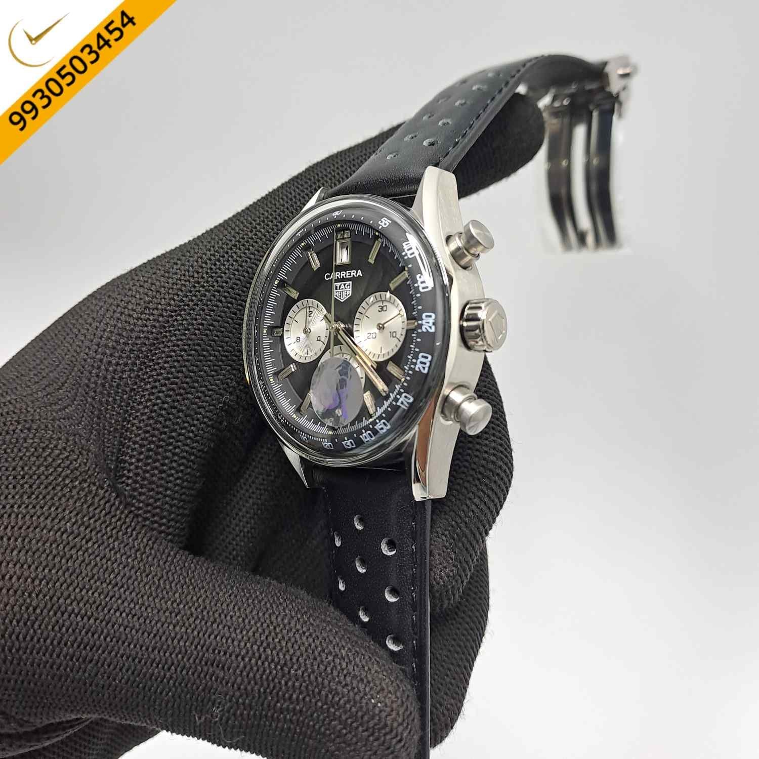 Tag Heuer Carrera Chronosprint X Porsche Black Dial Black Leather Strap Swiss Watch - Image 2