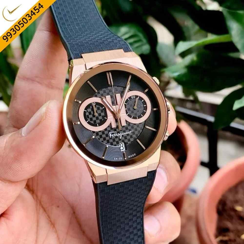 Ferragamo Sapphire Chronograph Black Dial Black Rubber Strap Swiss Watch