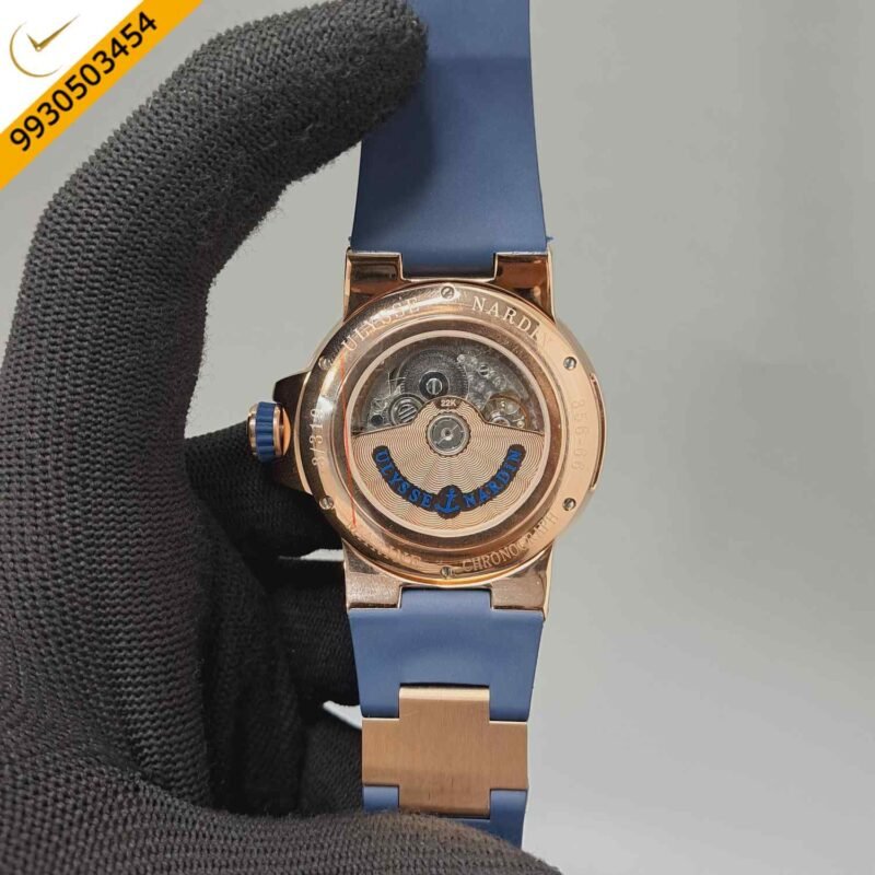Ulysse Nardin Marine Chronometer Rose Gold Blue Dial Rubber Strap Automatic Watch - Image 4