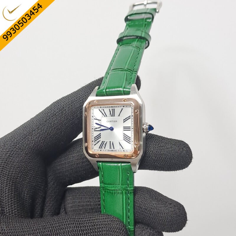 Cartier Santos Dumont Small White Dial Green Leather Strap Swiss Watch - Image 2