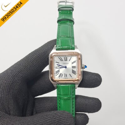 Cartier Santos Dumont Small White Dial Green Leather Strap Swiss Watch
