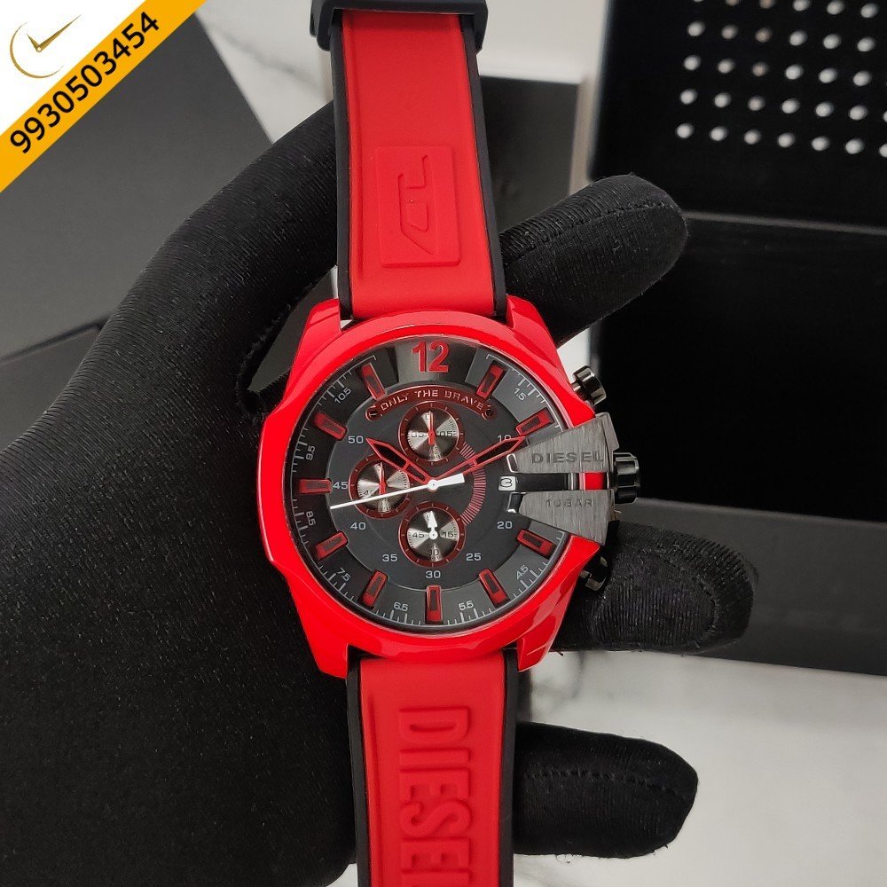Diesel Mega Chief Chronograph Red Black Dial Red Silicone Strap Swiss Watch