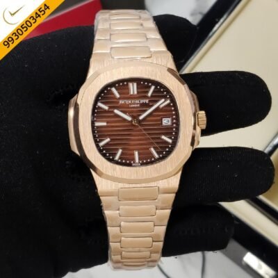 Patek Philippe Ex Nautilus Brown Dial Polished Rose Gold Strap Auotomatic Watch