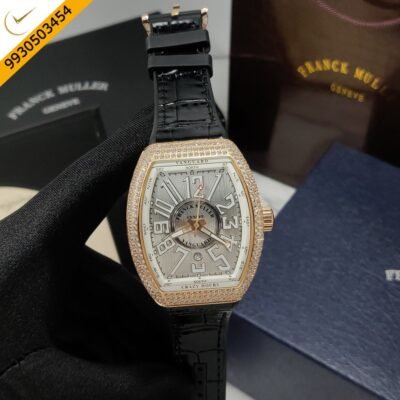 Franck Muller Vanguard Grey Dial Black Leather Strap Quartz Watch