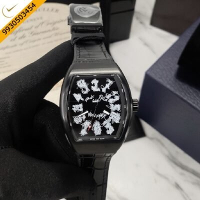 Franck Muller VANGAURD CRAZY HOURS Black Dial Black Leather Strap Automatic Watch