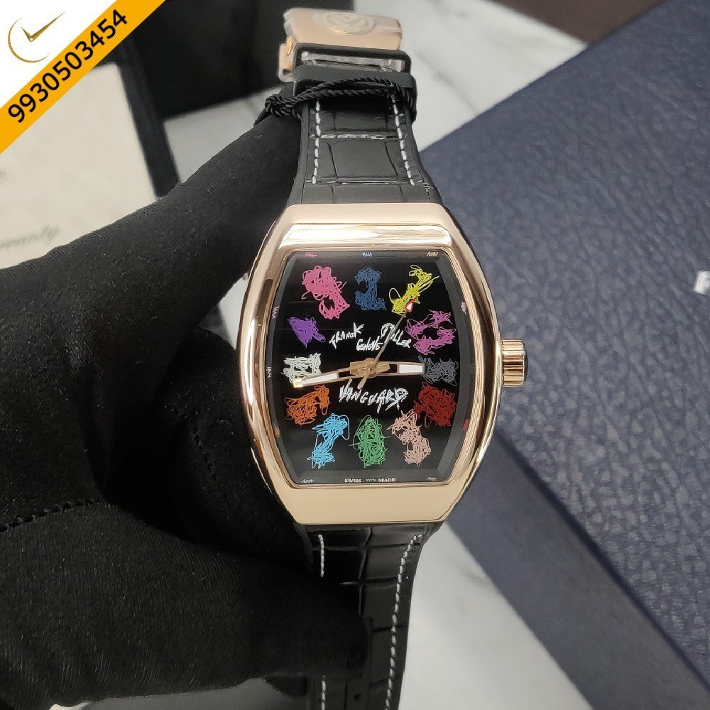 Franck Muller VANGAURD CRAZY HOURS Black Dial Black Leather Strap Automatic Watch