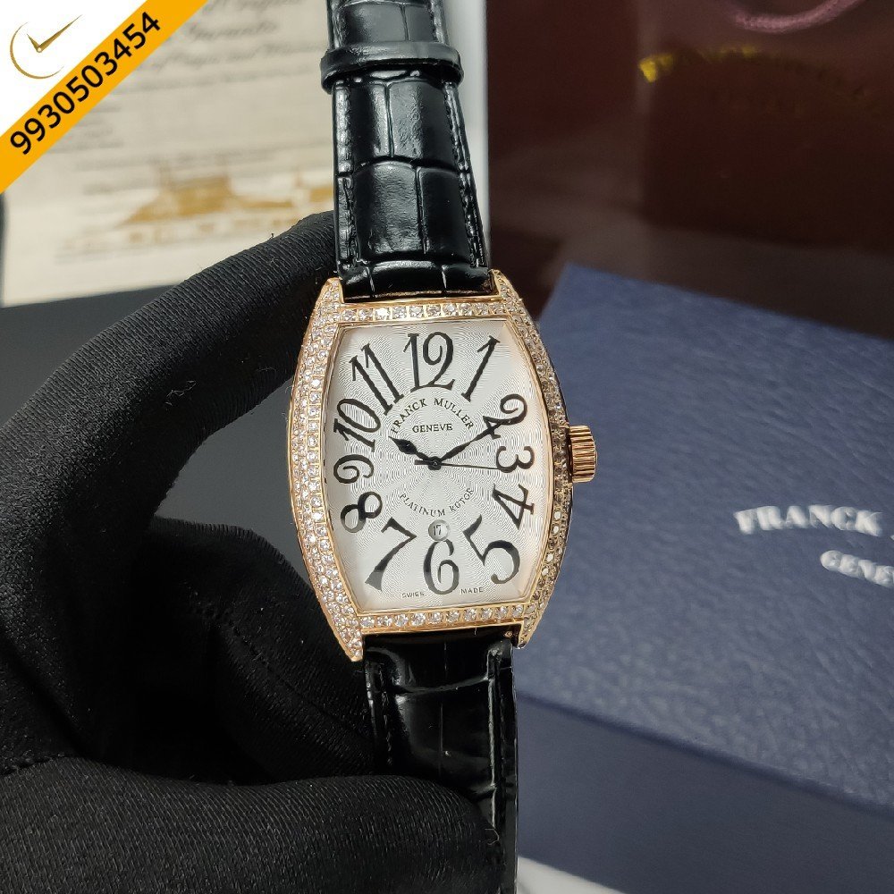 Franck Muller Cintree Curvex Diamond White Dial Black Leather Strap Quartz Watch