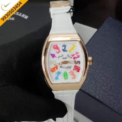 Franck Muller VANGAURD CRAZY HOURS White Dial White Leather Strap Automatic Watch