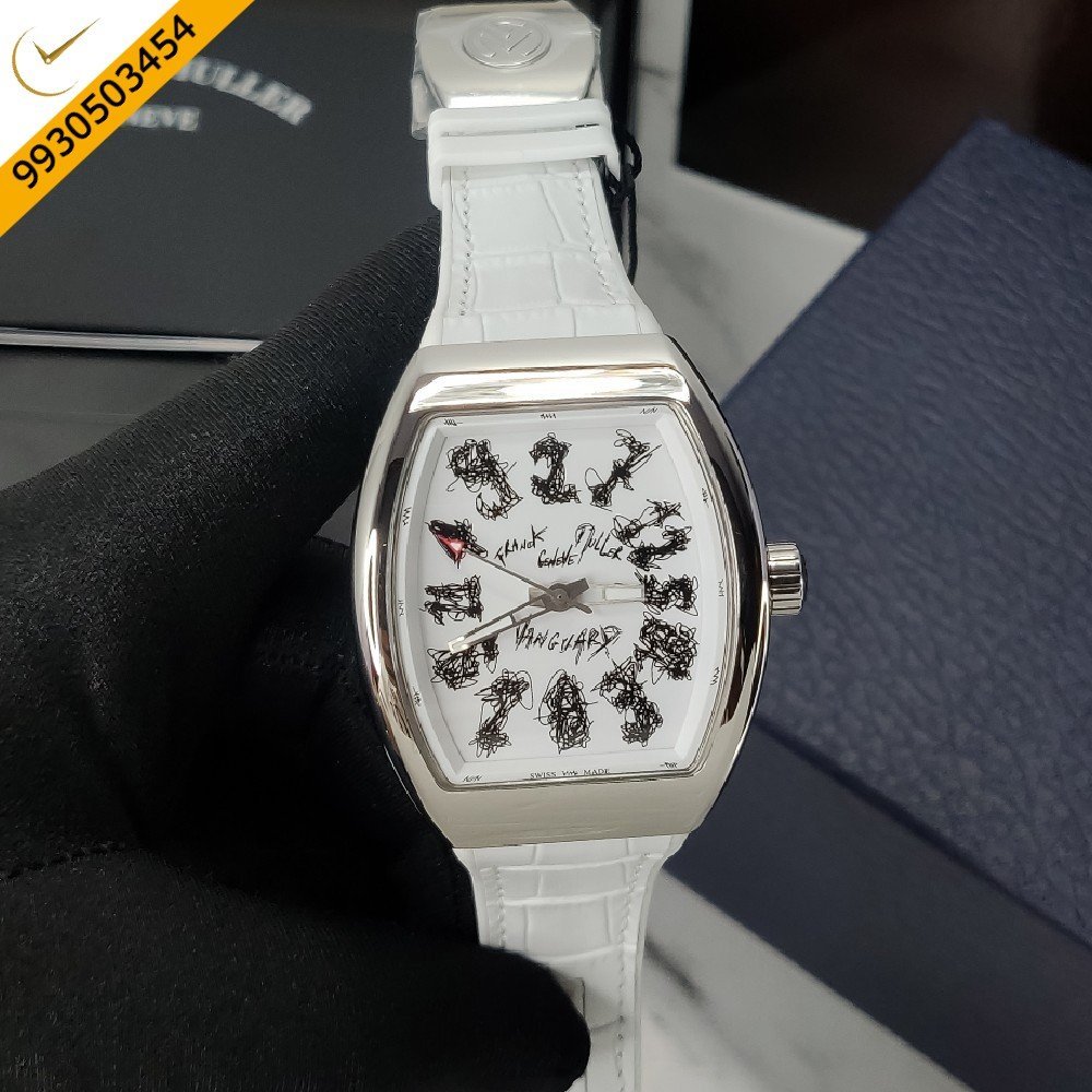 Franck Muller VANGAURD CRAZY HOURS White Dial White Leather Strap Automaic Watch