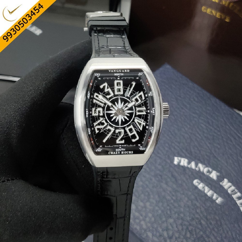 Franck Muller Crazy Black Dial Black Leather Strap Automatic Watch