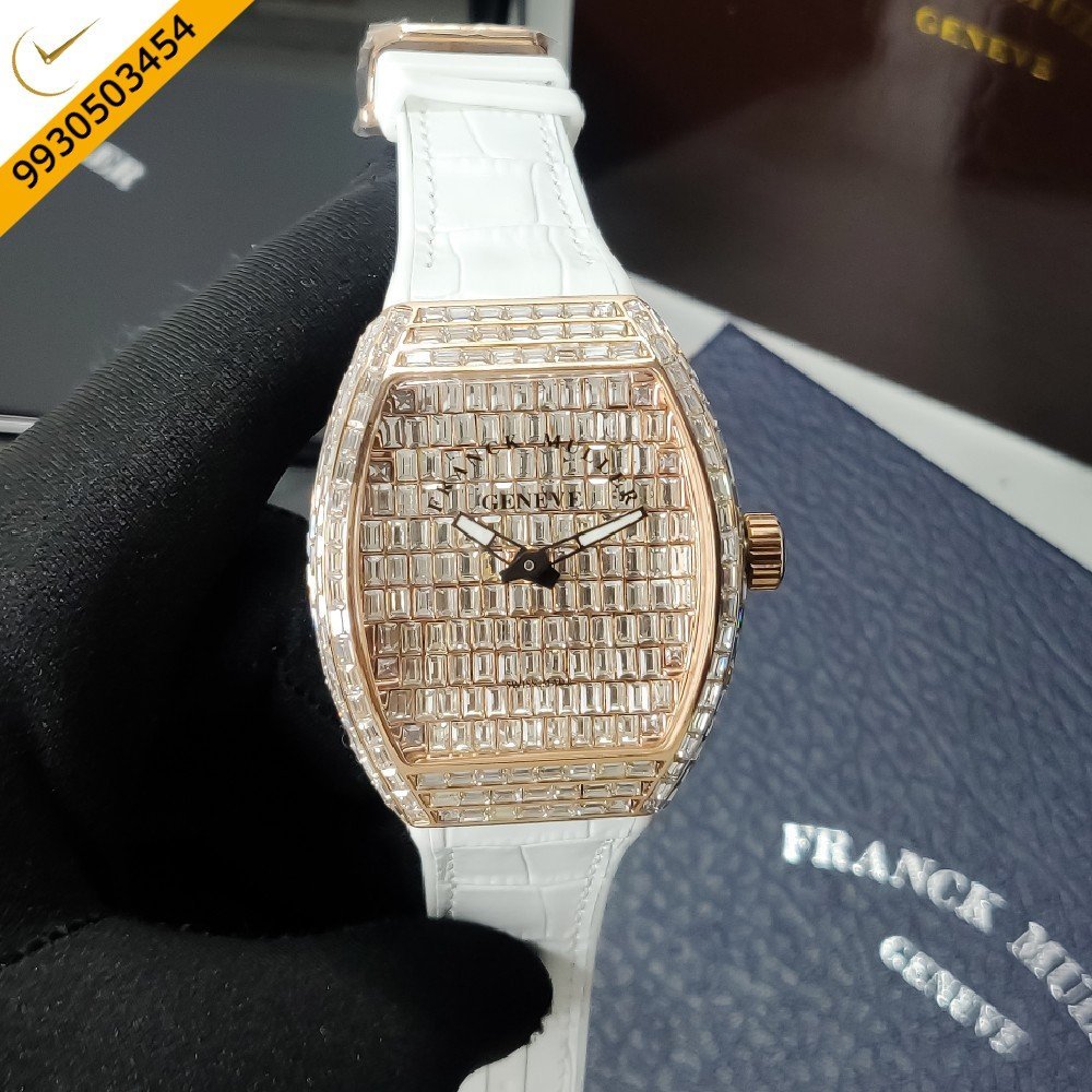 Franck Muller Vanguard RG Diamond Rose Gold Diamond Dial White Leather Strap Quartz Watch