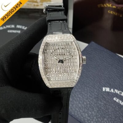Franck Muller Vanguard Diamond White Diamond Dial Black Leather Strap Quartz Watch