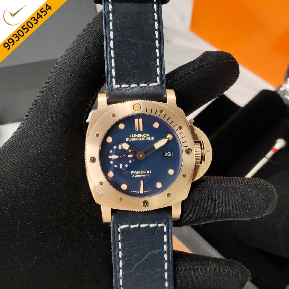Luminor Panerai Submersible Blue Dial Copper Gold Stainless Steel Case Blue Leather Strap Automatic Watch