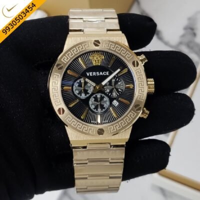 Versace Greca Black Dial Gold Polished Strap Swiss Watch