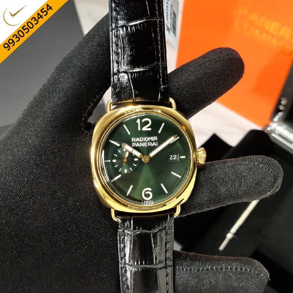 Luminor Panerai Radiomir Green Dial Polished Gold Case Black Leather Strap Automatic Watch