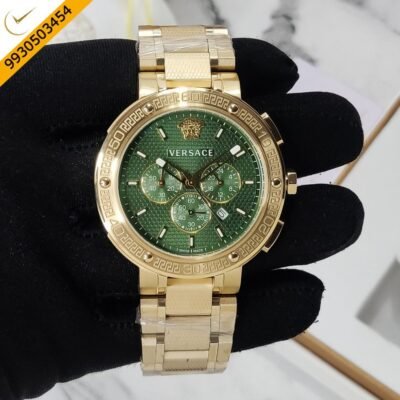Versace Chronograph Green Dial Stainless Steel Gold Polished Strap Swiss Watch