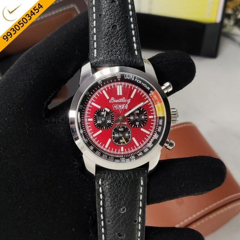 Breitling Top Time Red Dial Black Leather Strap Swiss Watch