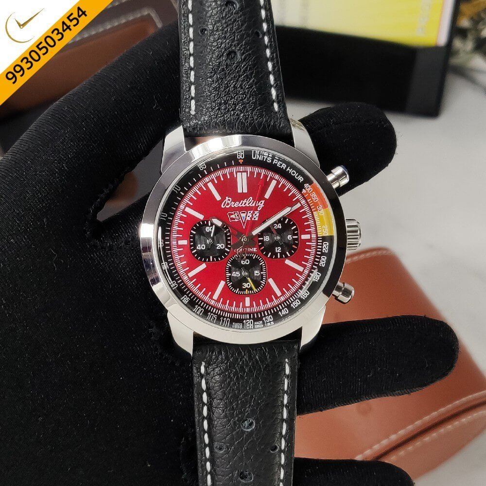 Breitling Top Time Red Dial Black Leather Strap Swiss Watch