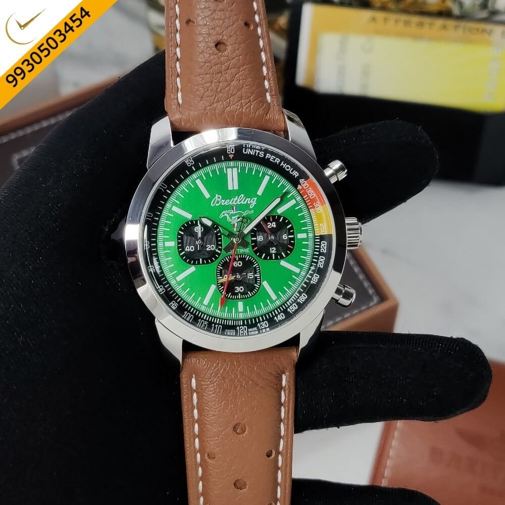 Breitling Top Time B01 Ford Mustang Green Dial Brown Lether Strap Swiss Watch