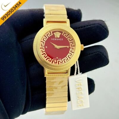 Versace Gold Watch Red Dial Polished Gold Strap Quartz Watch