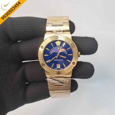 Versace GRECA LOGO MOONPHASE Blue Dial Gold Stainless Steel Dual Tone  Swiss Watch