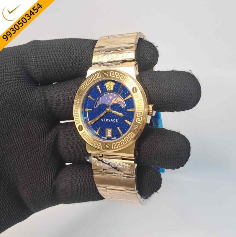 Versace GRECA LOGO MOONPHASE Blue Dial Gold Stainless Steel Dual Tone  Swiss Watch - Image 2